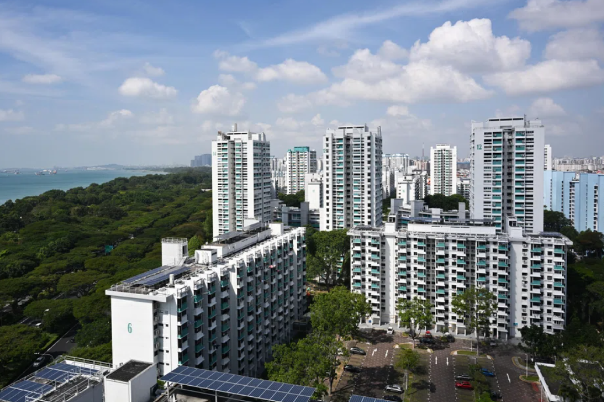 Aerial view of HDB residential blocks with greenery and coastline in the background.